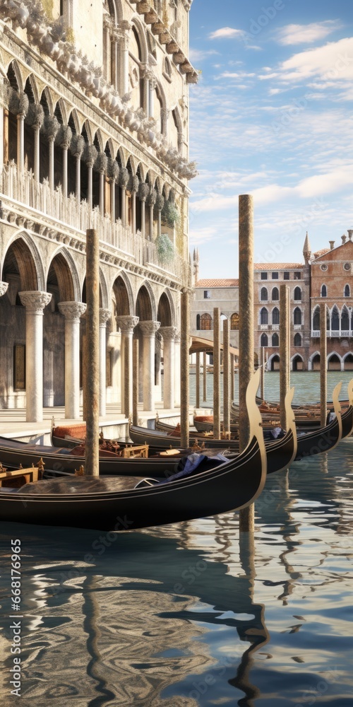 Aufkleber A row of gondolas parked in front of a beautiful building. This picture can be used to showcase the charm and elegance of Venice.