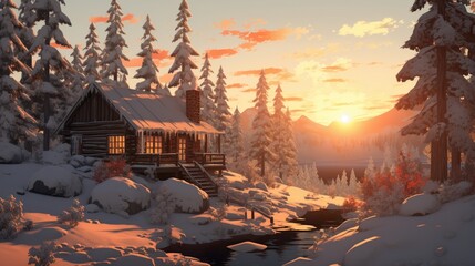 A secluded cabin nestled in a snowy forest, bathed in the soft, warm colors of a setting sun.