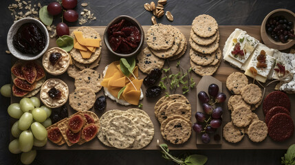 Crackers with various fresh savoury toppings, top view, generative ai