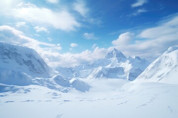 A picturesque snow-covered mountain range with a lone skier gracefully gliding down the slopes. 