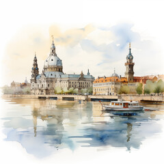 Fototapeta premium Watercolor painting of Dresden, Germany with its typical sights, in sunny day, in minimalist style.