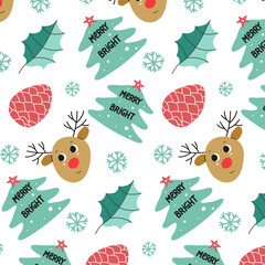 Hand drawn winter background made of doodles, snowflakes, deer and fir trees. Seamless pattern for a gift on fabric or paper for Christmas and New Year.Trendy pattern for wrapping paper and textile.