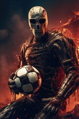 Fototapeta premium A skeletal figure is seen holding a soccer ball in front of a blazing fire. This image can be used to depict concepts such as passion, competition, or danger.