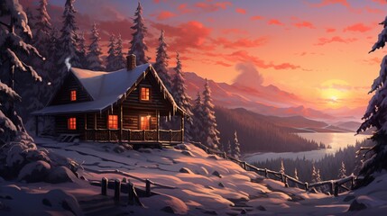 A secluded cabin nestled in a snowy forest, bathed in the soft, warm colors of a setting sun.