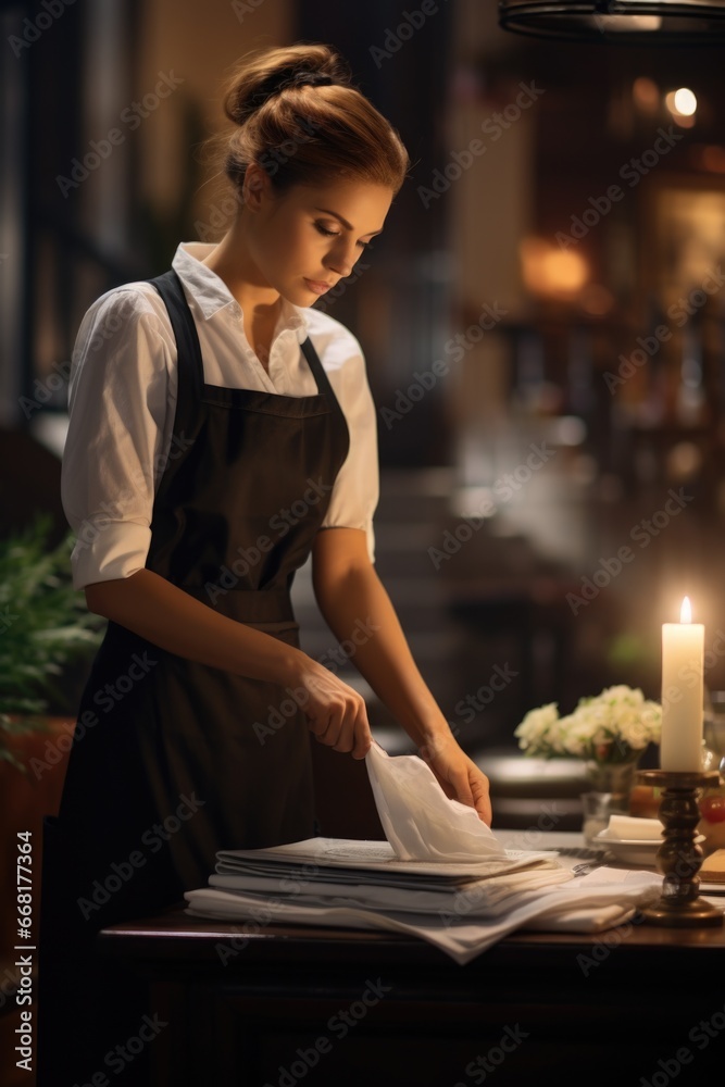 Aufkleber A woman in an apron is setting a table with a candle. This image can be used to depict a cozy dinner setting or to showcase table setting ideas.