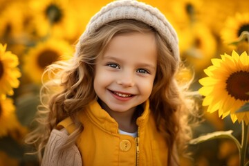 Beautiful little girl in a sunflower meadow with curled hair naturals