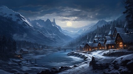 A serene winter morning, with the first light of dawn casting a gentle glow over a peaceful, snow-covered village.