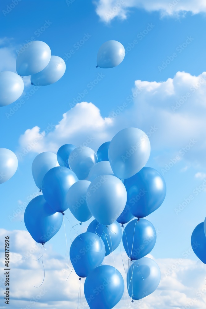 Poster a picture of a bunch of blue balloons floating in the air. this image can be used for various occasi
