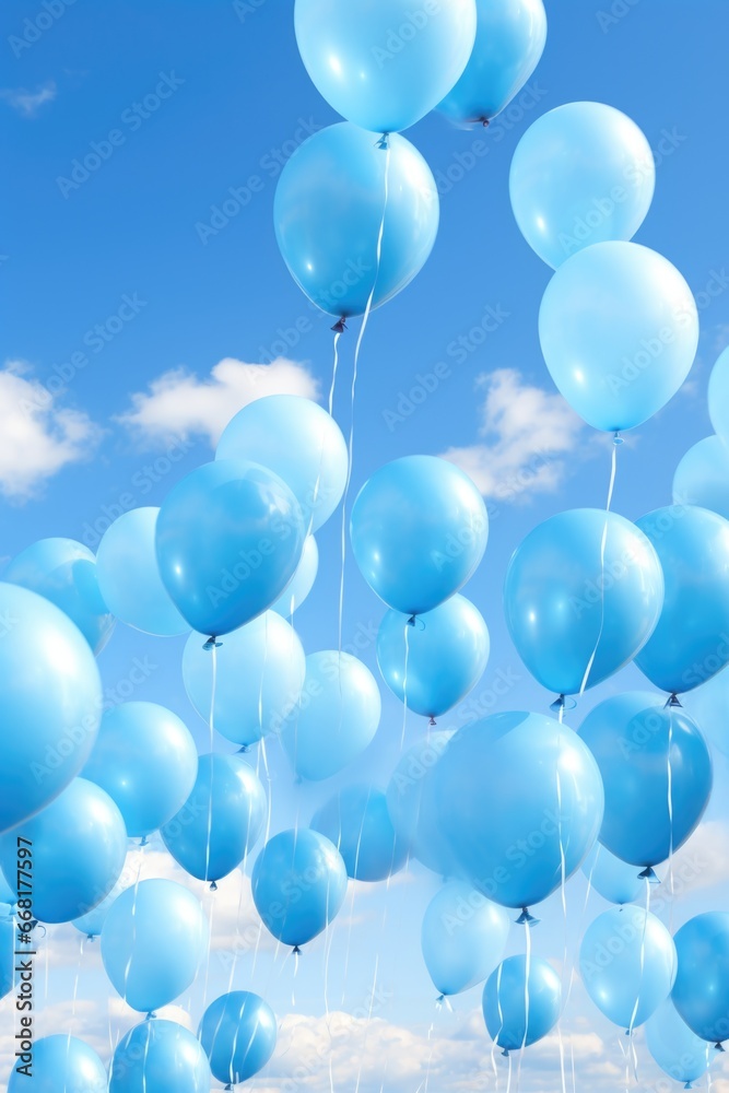 Poster a bunch of blue balloons floating in the air. this image can be used for various occasions and celeb