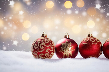 red and gold ornate Christmas baubles border in the snow with golden bokeh background