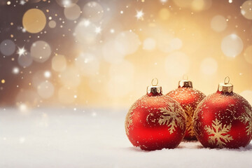 red and gold ornate Christmas baubles border in the snow with golden bokeh background