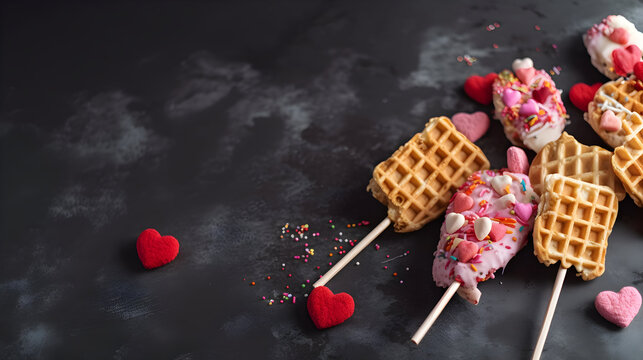 Valentine's Day waffle pops laying flat with copy space, generative ai
