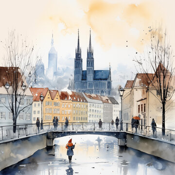 Watercolor painting of Munich, Germany with its typical sights, in sunny day in winter season, in minimalist style.