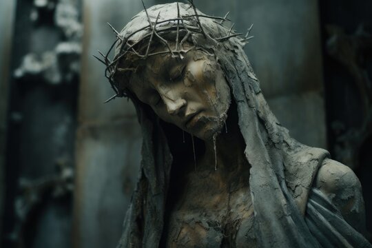 A statue of Jesus wearing a crown of thorns, symbolizing his suffering and sacrifice. This powerful image can be used to depict religious themes and the crucifixion of Jesus.