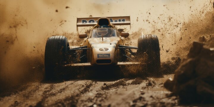 A man is seen driving a race car on a dirt road. This image can be used to depict the excitement and thrill of racing or as a metaphor for speed and determination.
