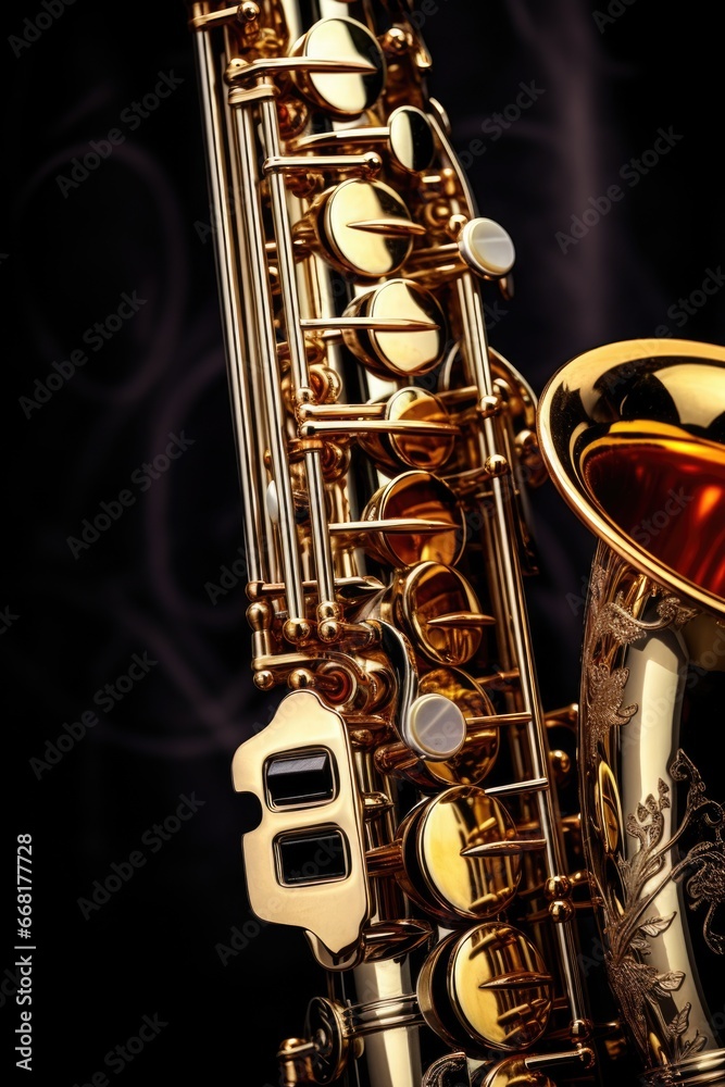 Poster A close-up view of a saxophone on a black background. This image can be used for music-related designs or to add a touch of elegance to any project.