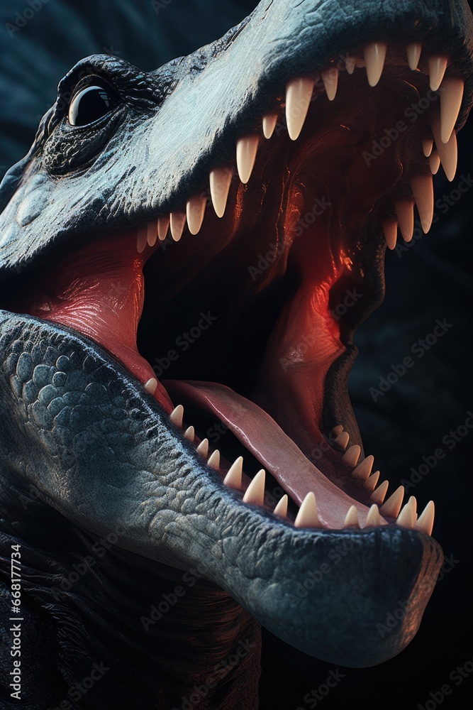 Poster a detailed close up of a dinosaur with its mouth wide open.