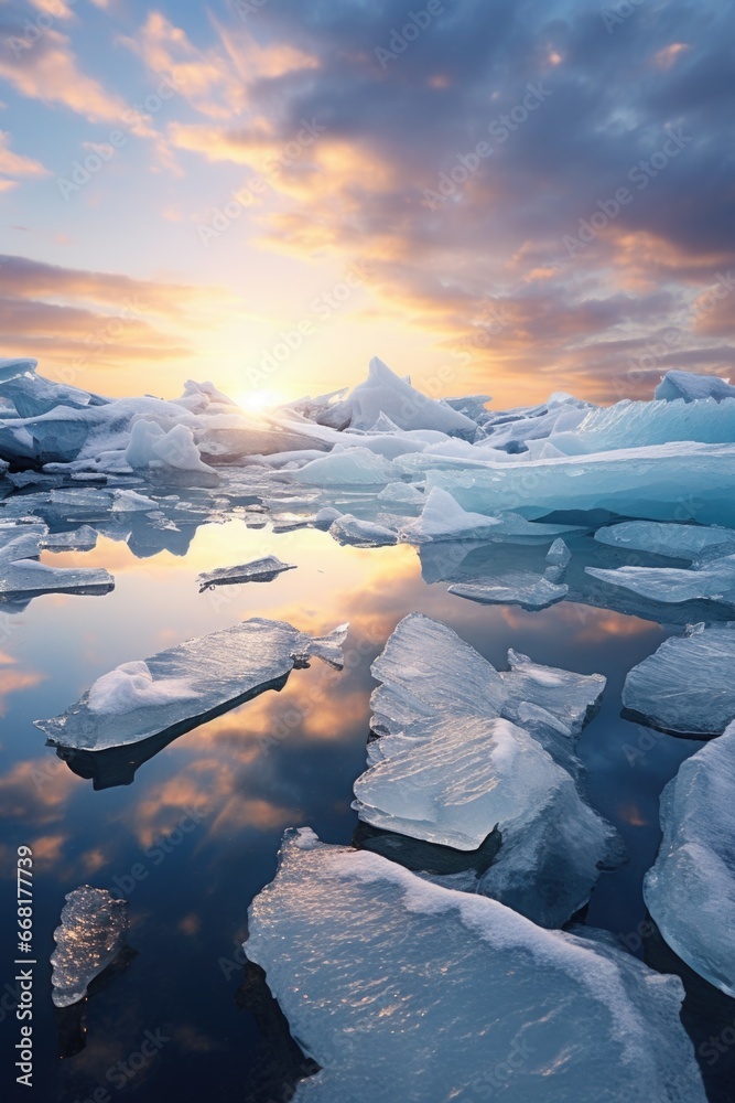 Poster a group of icebergs peacefully floating on top of a body of water. this image can be used to depict 