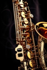 A close-up view of a saxophone on a black background. This image can be used for music-related...