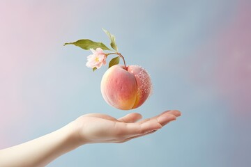Creative composition with levitating halved peach against pastel powder background. Balanced vegan diet idea.