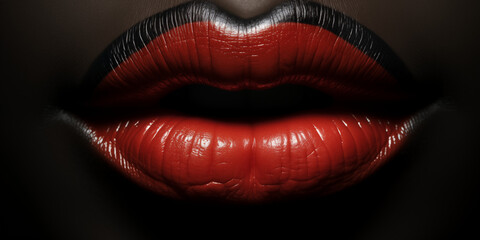Rote Sexy Lippen einer Frau mit Brillianten Gloss Shine Nahaufnahme im Querfornat für Banner, ai generativ - obrazy, fototapety, plakaty