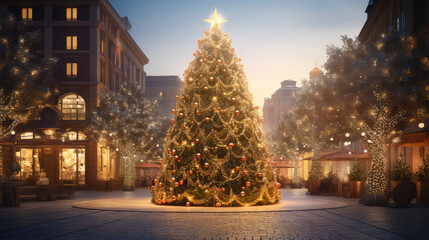 Beautiful tree decorated with Christmas decorations in the city square at night.