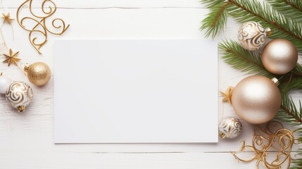 An empty postcard among the christmas decoration - golden fair-tree ornaments. top view flat lay copy space - Powered by Adobe