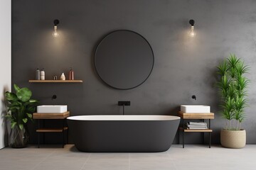 A dark minimalist bathroom with a sleek bathroom vanity