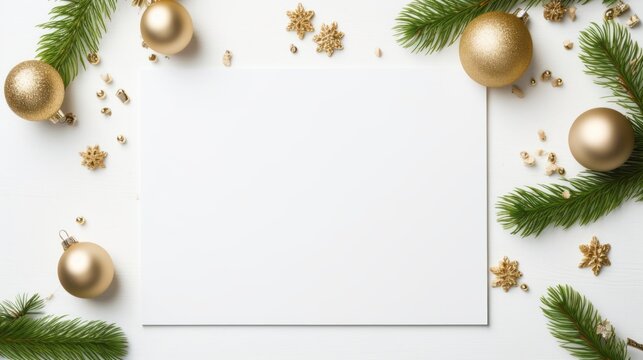 An empty postcard among the christmas decoration - golden fair-tree ornaments. top view flat lay copy space