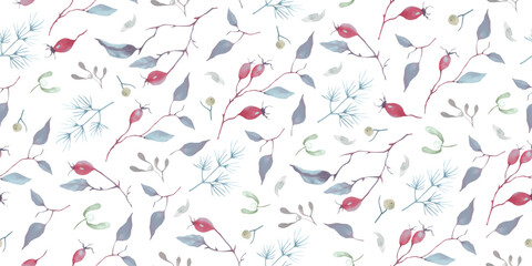 Watercolor Christmas seamless pattern. Hand drawn illustration with rose hip isolated on white background. Vector EPS.