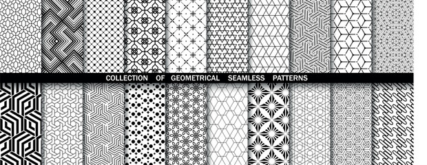 Geometric set of seamless black and white patterns. Simple vector graphics