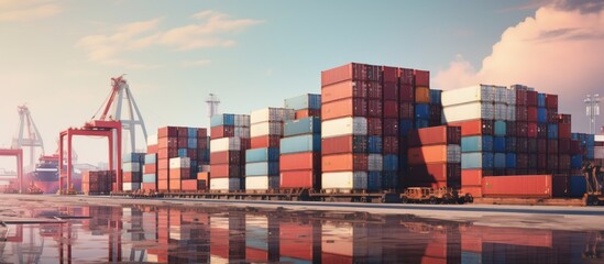 Fototapeta premium crane loading cargo container import container ship in the international terminal logistic sea port concept freight shipping by ship, Truck running in port under the Big Crane transport trade