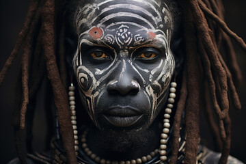 Portrait of an adult serious African tribal man with traditional face paint and dreadlocks looking at camera - obrazy, fototapety, plakaty