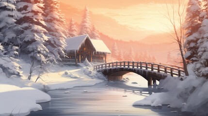 A snow-covered bridge over a serene river, capturing the essence of a winter's dream.