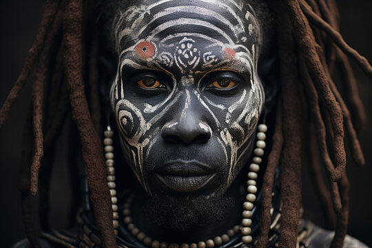 Portrait of an adult serious African tribal man with traditional face paint and dreadlocks looking at camera