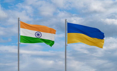 Ukraine and India flags, country relationship concept