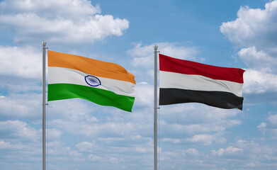 Yemen and India flags, country relationship concept