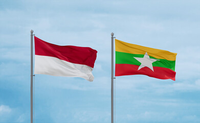 Myanmar and Indonesia and Bali flags, country relationship concept
