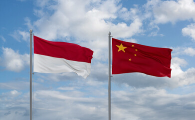 China and Indonesia and Bali flags, country relationship concept