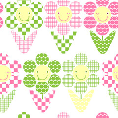 Seamless pattern of cute baby flowers with smiley faces and texture on a white background. Use for interior surfaces, fabrics, furniture, stationery, clothing.