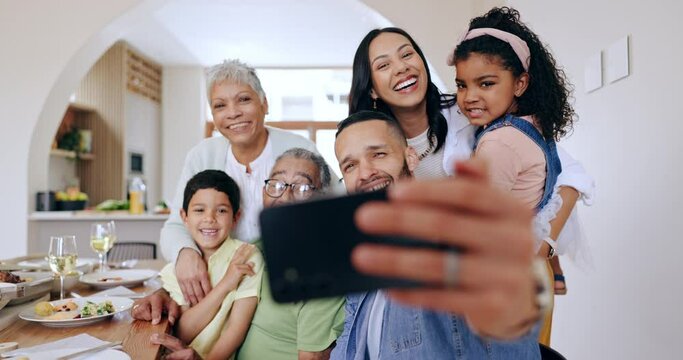 Happy family, hug and selfie by dinner table for photography, memory or social media together at home. Mother, father and grandparents smile with children for picture, bonding or dining at house