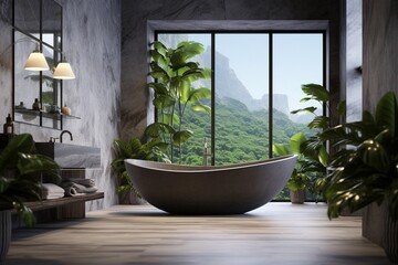 Fototapeta premium Modern luxury bathroom, marble walls, panorama