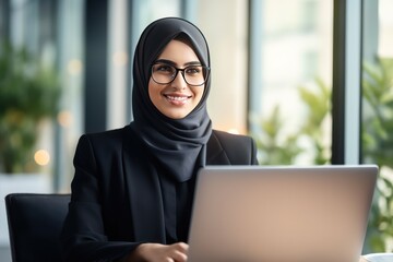 Portrait of a young cheerful Muslim woman in eyeglasses wearing black hijab working with laptop computer in her modern business office.