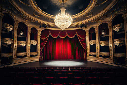 An Empty Theatre Stage , Velvet Curtains, Ornate Gold Detailing, And A Chandelier With Lights Hanging From The Ceiling.