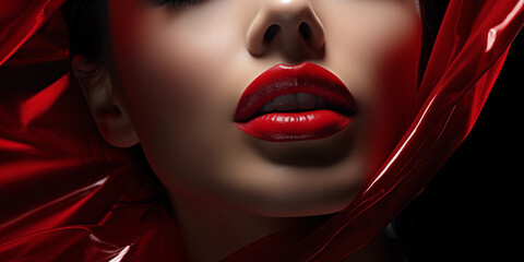 Gesicht mit roten Sexy Lippen einer Frau mit roten Tuch umhüllt Nahaufnahme im Querforrnat für Banner, ai generativ - obrazy, fototapety, plakaty