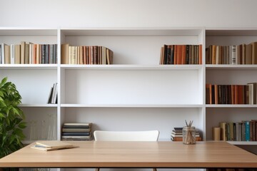 Workspace - office table, empty desk with books and supplies against the blurred library or home office interior, copy space for text or product showcase