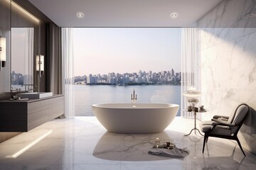 Modern luxury bathroom, marble walls, panorama