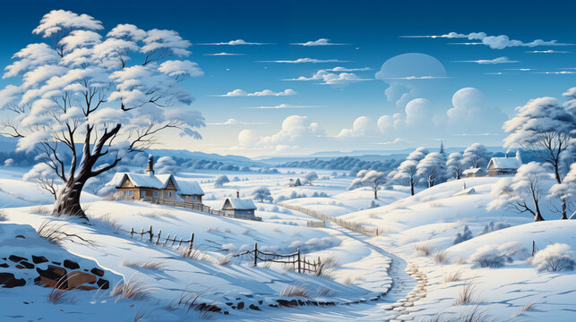 Winter village snowy landscape with pines forest and hills on background. Drawing art and paint style of snow-covered field on houses and small road through the village. Horizontal nature scene.