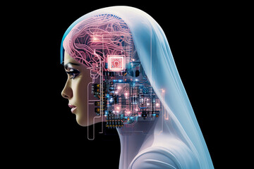 Arabian female head and a section of his brain with a chip hologram