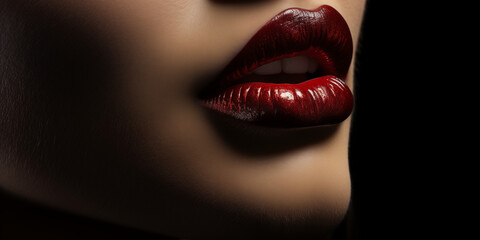 Fototapeta premium Rote Sexy Lippen einer Frau mit Brillianten Gloss Shine Nahaufnahme im Querfornat für Banner, ai generativ